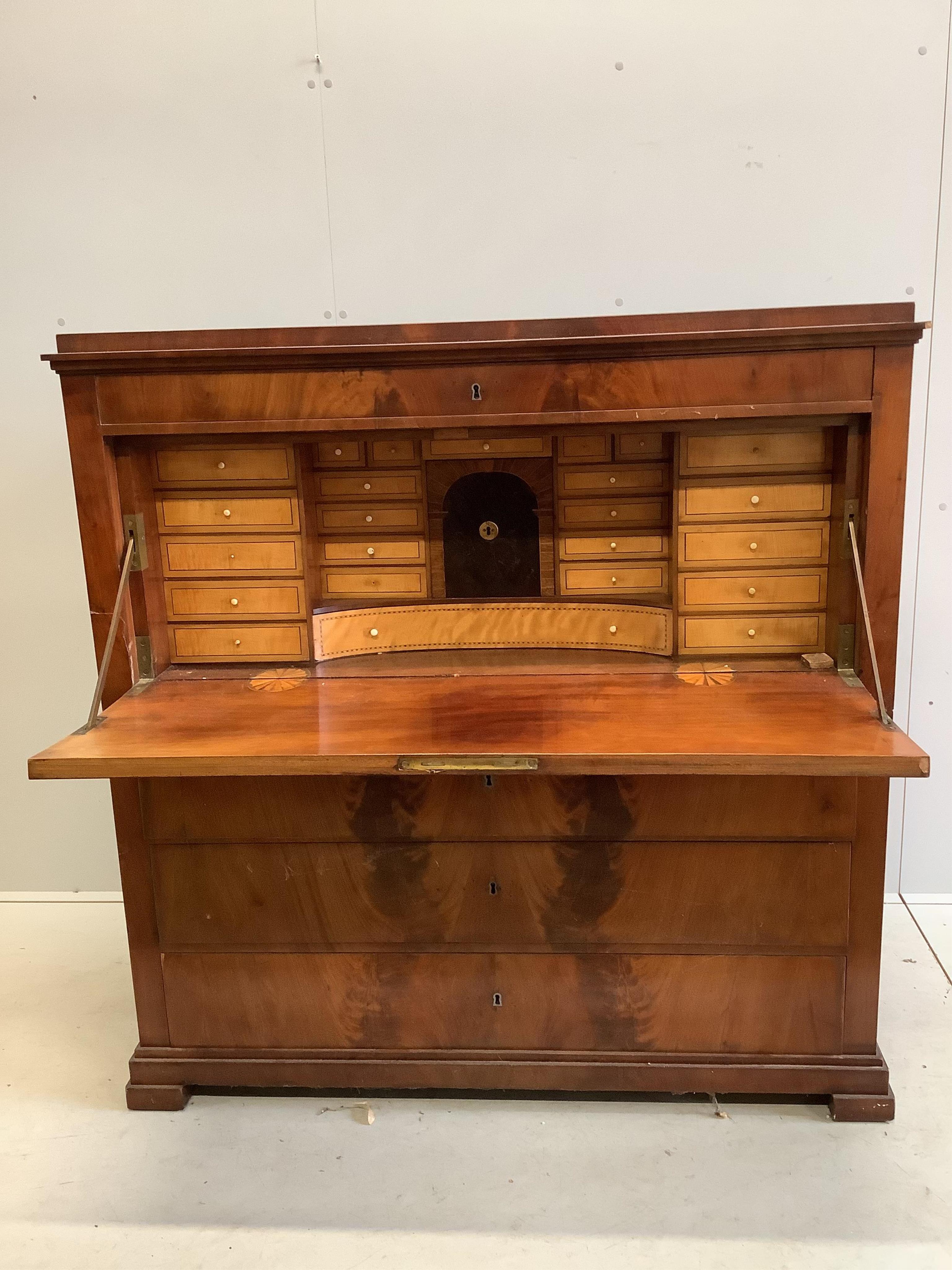 A 19th century French mahogany secretaire chest, width 127cm, depth 56cm, height 130cm. Condition - poor to fair